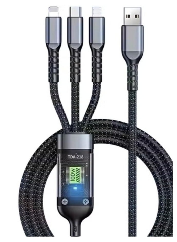 ستارت كابل شحن سريع 3 في 1 بقدرة 100 واط – تايب سي + لايتنينج + مايكرو USB – سلك مجدول متين مع شاشة عرض وLED – طول 1 متر - Image 1